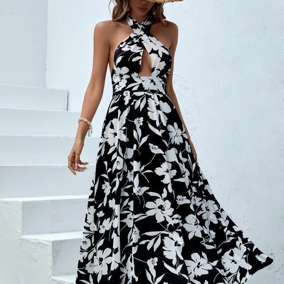 Black Boho Womens Floral Print Criss Cross Tie Backless Halter Dress - Picture 3 of 5